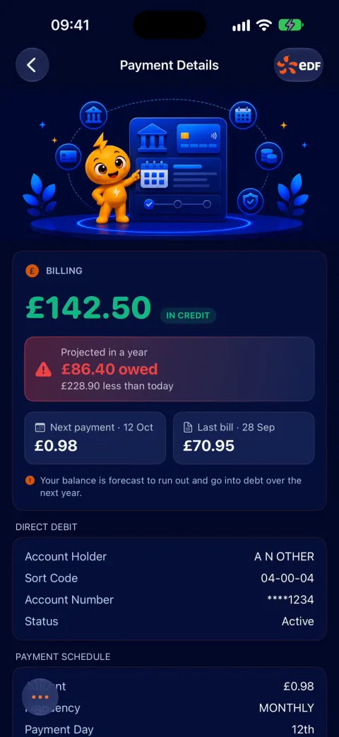 Payment details with balance, projection and Direct Debit