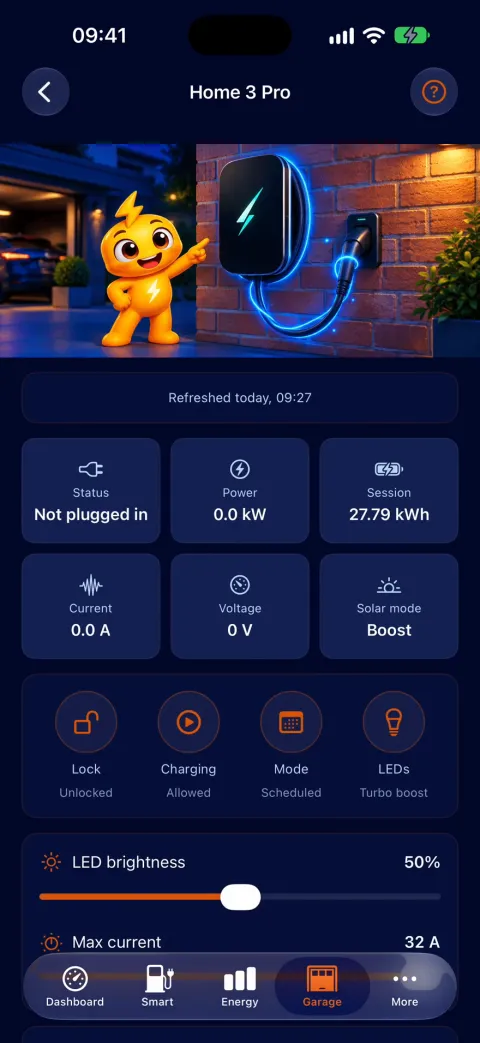 Garage tab showing a home charger's live status and controls