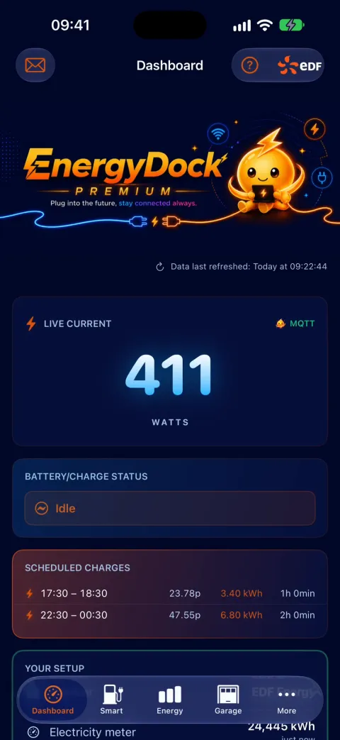 EnergyDock dashboard showing live power, charge status and scheduled charges