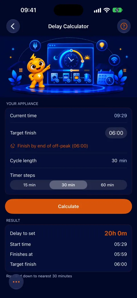 Delay calculator for timing an appliance into off-peak